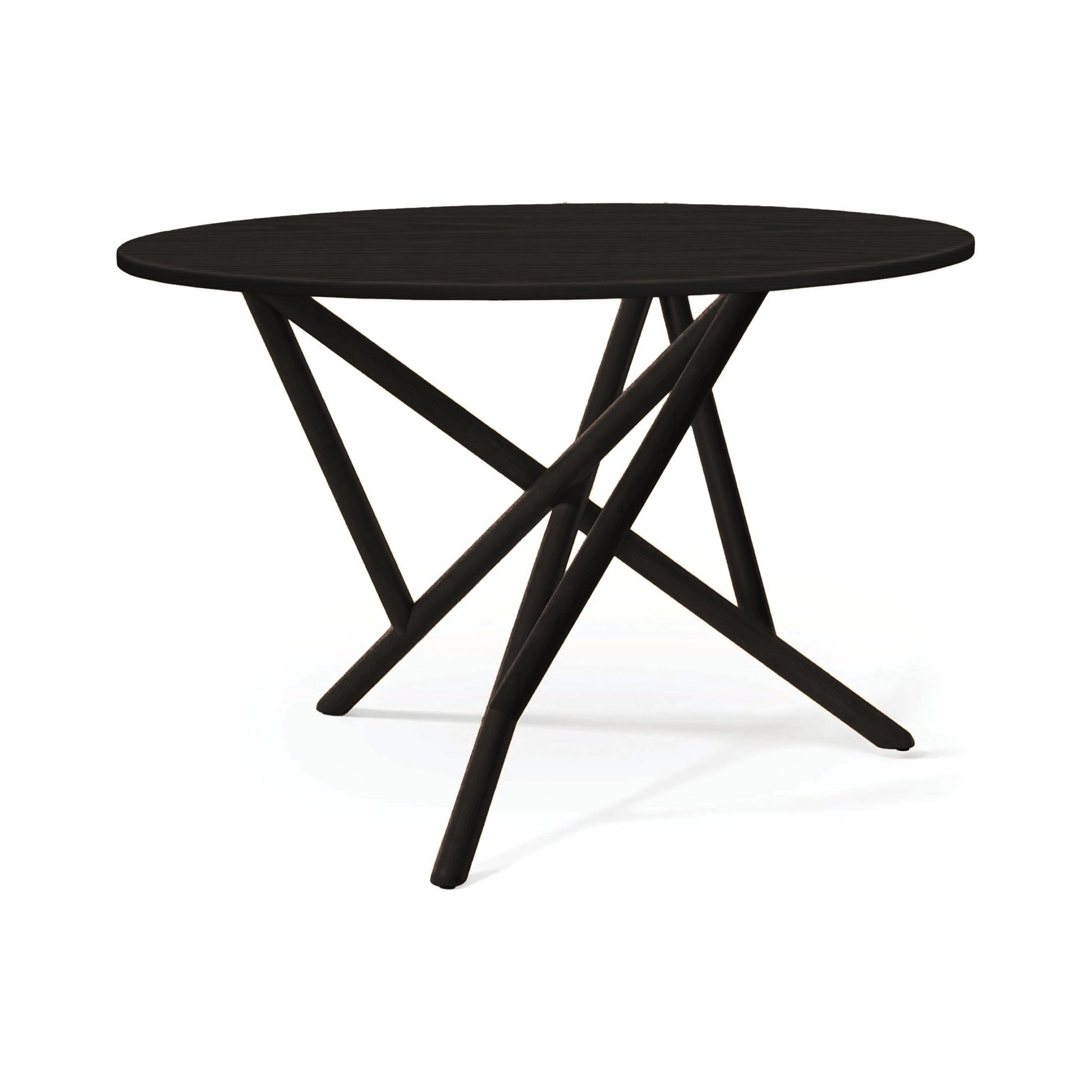 Baton Round Solid Top Dining Table by Copeland Furniture features a modern black wood design with angled legs, expertly crafted in the USA.
