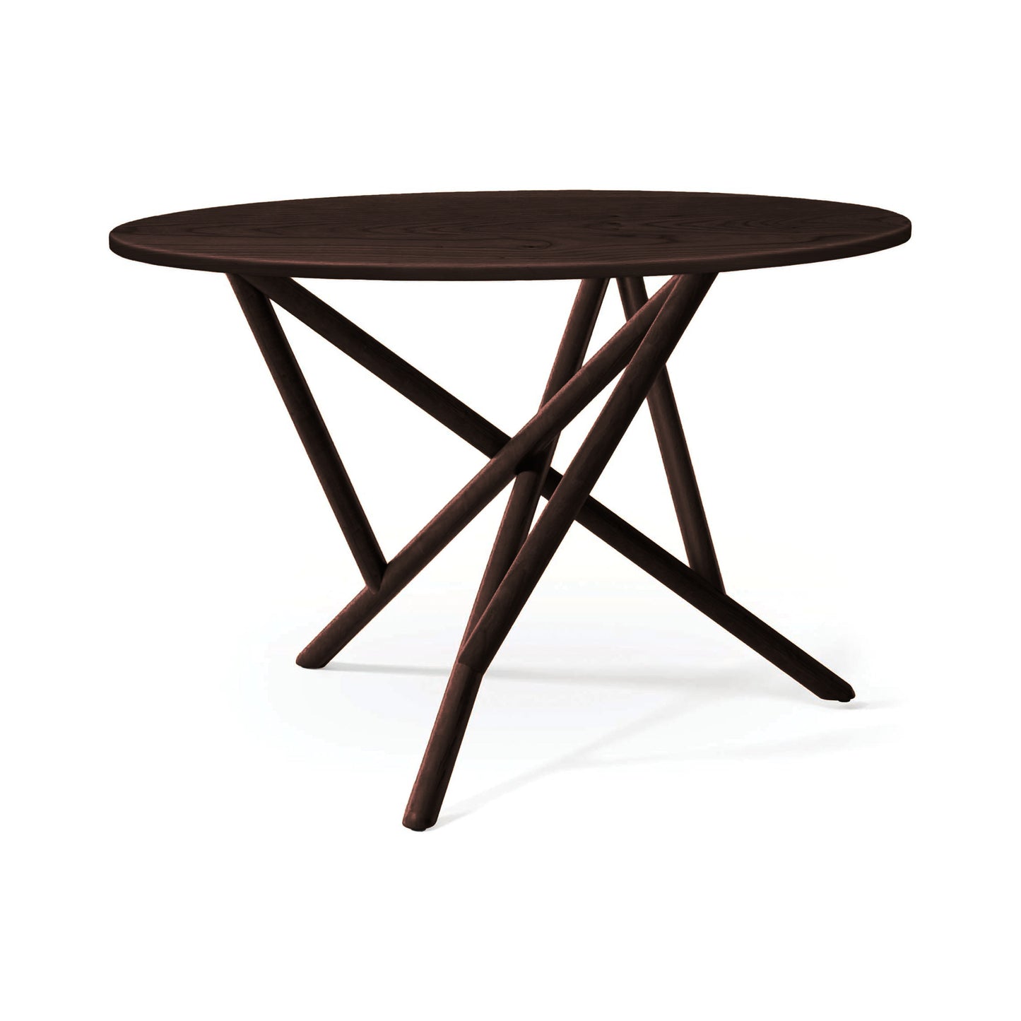 Baton Round Solid Top Dining Table by Copeland Furniture with dark wood finish and angled legs, expertly crafted in America.