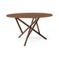 Baton Round Solid Top Dining Table by Copeland Furniture with a smooth wood top and four intersecting angled legs crafted in American hardwood.