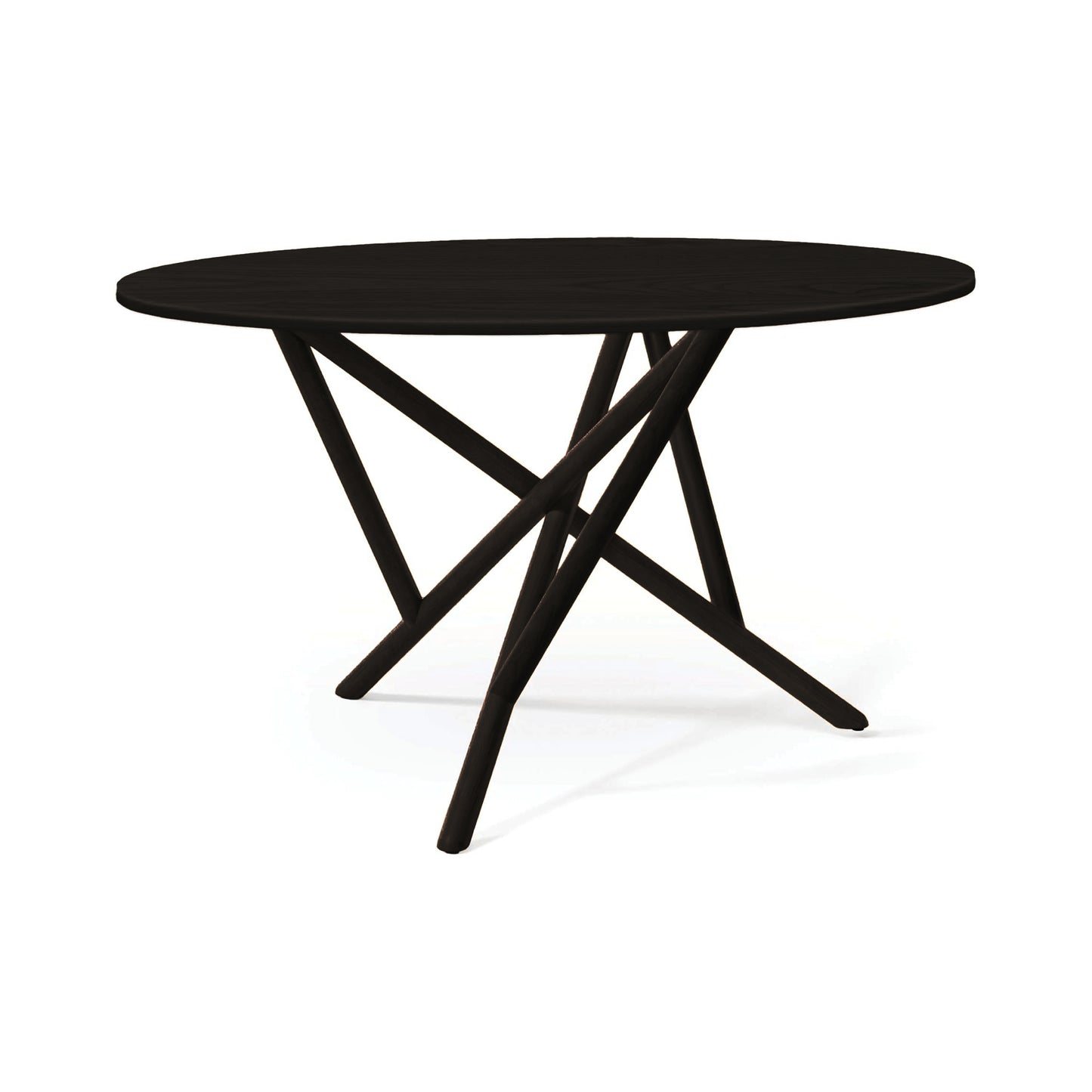 Baton Round Solid Top Dining Table by Copeland Furniture with a dark, refined top and distinctive intersecting legs; handcrafted American quality.