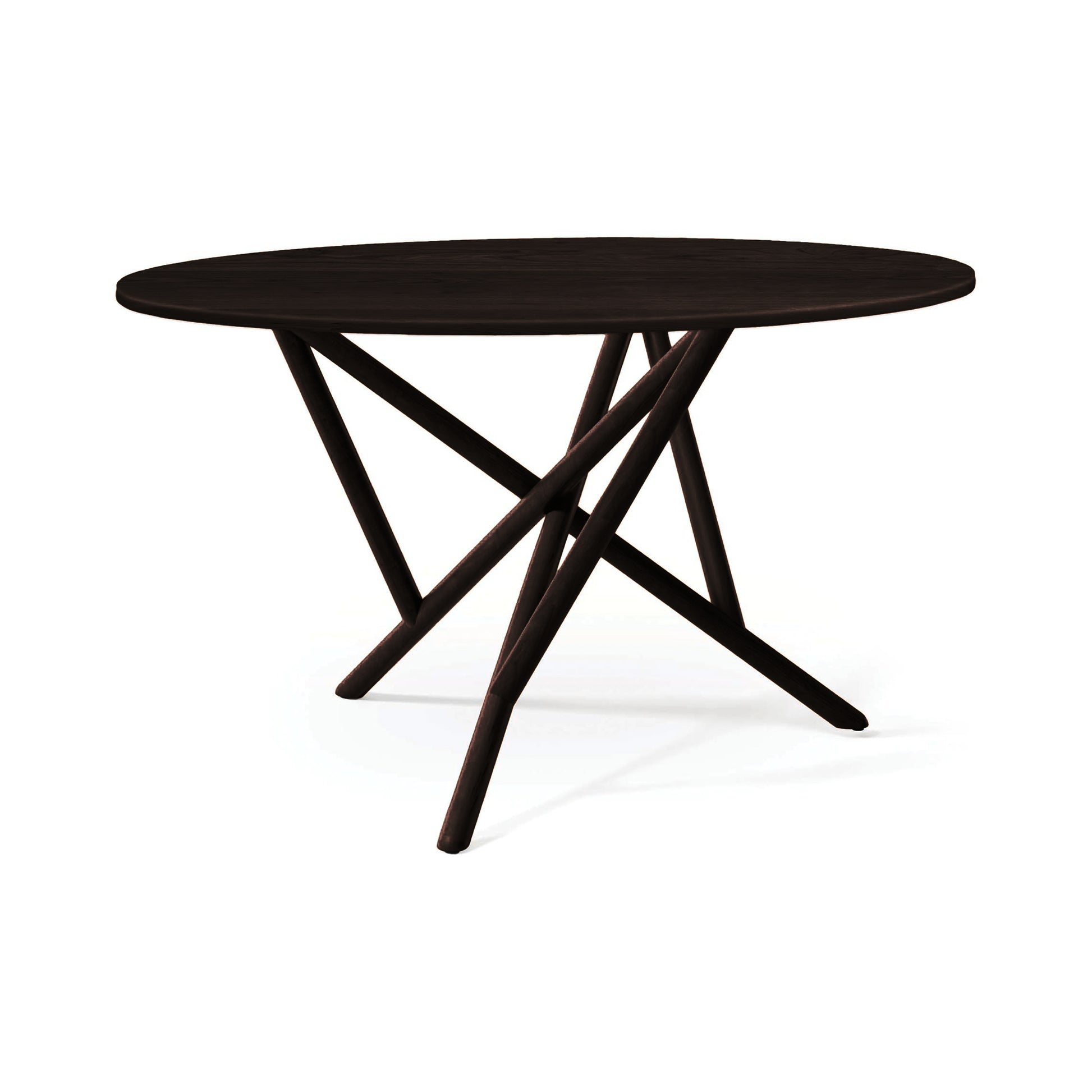 Copeland Furniture Baton Round Solid Top Dining Table with a dark round top and stylish crisscross legs, expertly crafted in America.