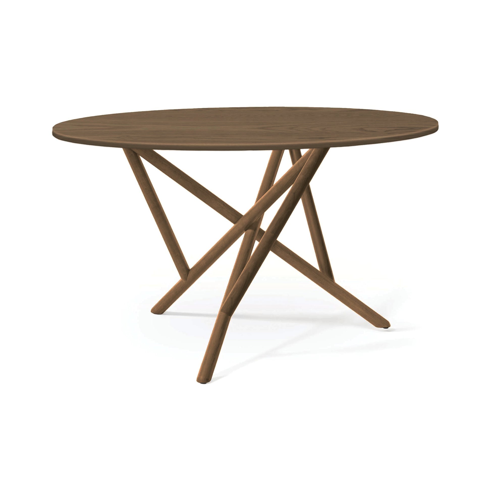 Baton Round Solid Top Dining Table by Copeland Furniture crafted from solid wood with a rich dark finish and distinctive intersecting angled legs.