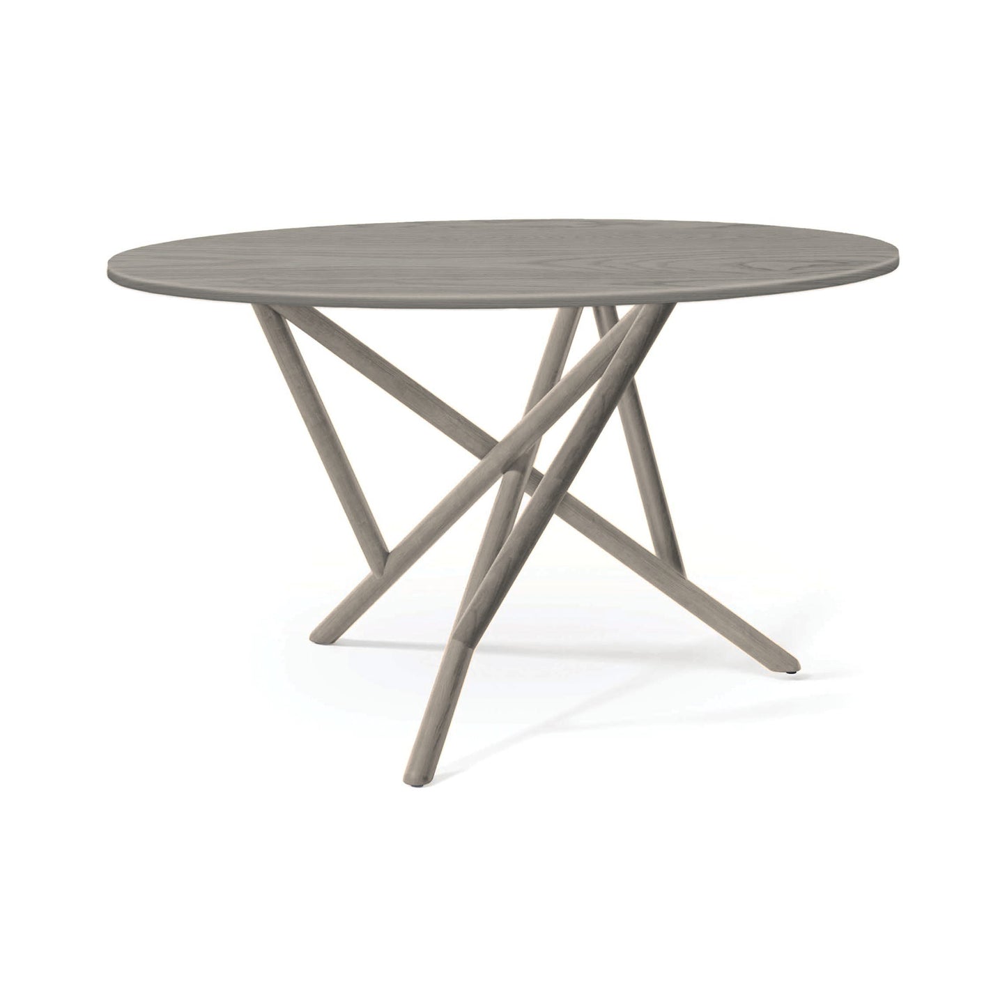 Baton Round Solid Top Dining Table by Copeland Furniture with a smooth grey top and four distinct angled crossing legs, American made craftsmanship.