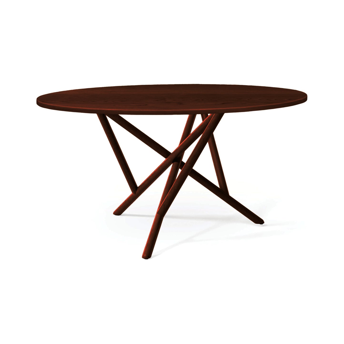 Baton Round Solid Top Dining Table by Copeland Furniture with distinctive angled, intersecting legs and sleek, modern design; American made.