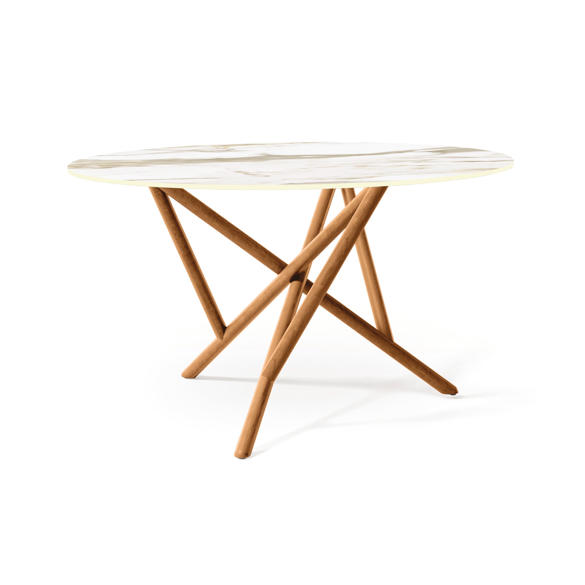 Copeland Furniture Baton Round Table with a sintered stone top and intersecting wooden legs, showcasing fine American craftsmanship.