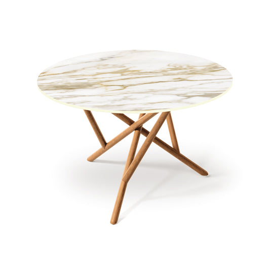Copeland Furniture Baton Round Table with a durable sintered stone top and unique intersecting wooden legs, highlighting craftsmanship and design.