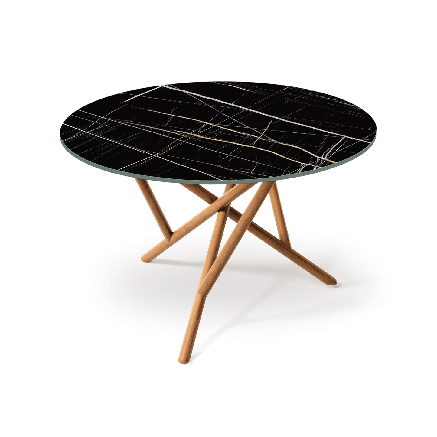 Baton Round Sintered Stone Top Table by Copeland Furniture with black marble surface, gold veining, and intersecting solid wood legs. American made.