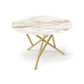 Baton Round Sintered Stone Top Table by Copeland Furniture with a white and gold top and intersecting light wood legs, handcrafted in Vermont.