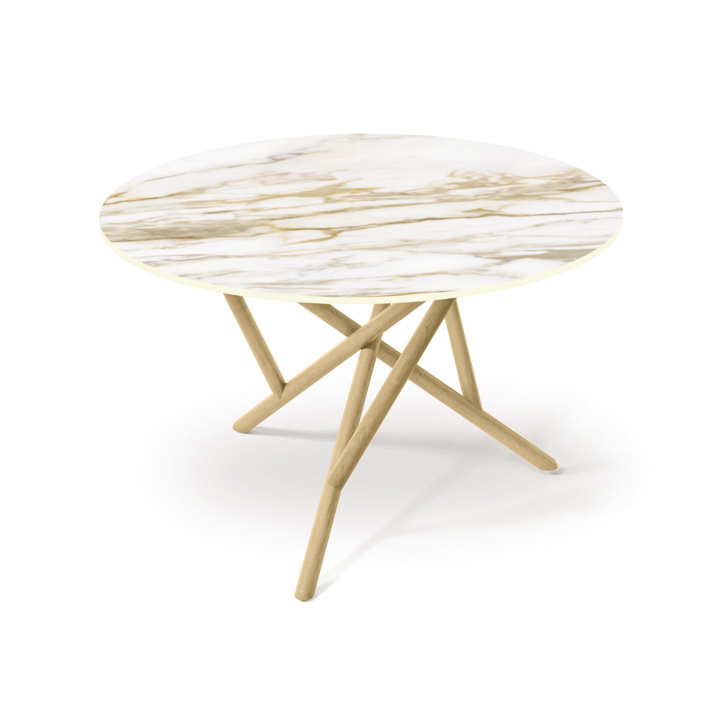 Baton Round Sintered Stone Top Table by Copeland Furniture with a white and gold top and intersecting light wood legs, handcrafted in Vermont.