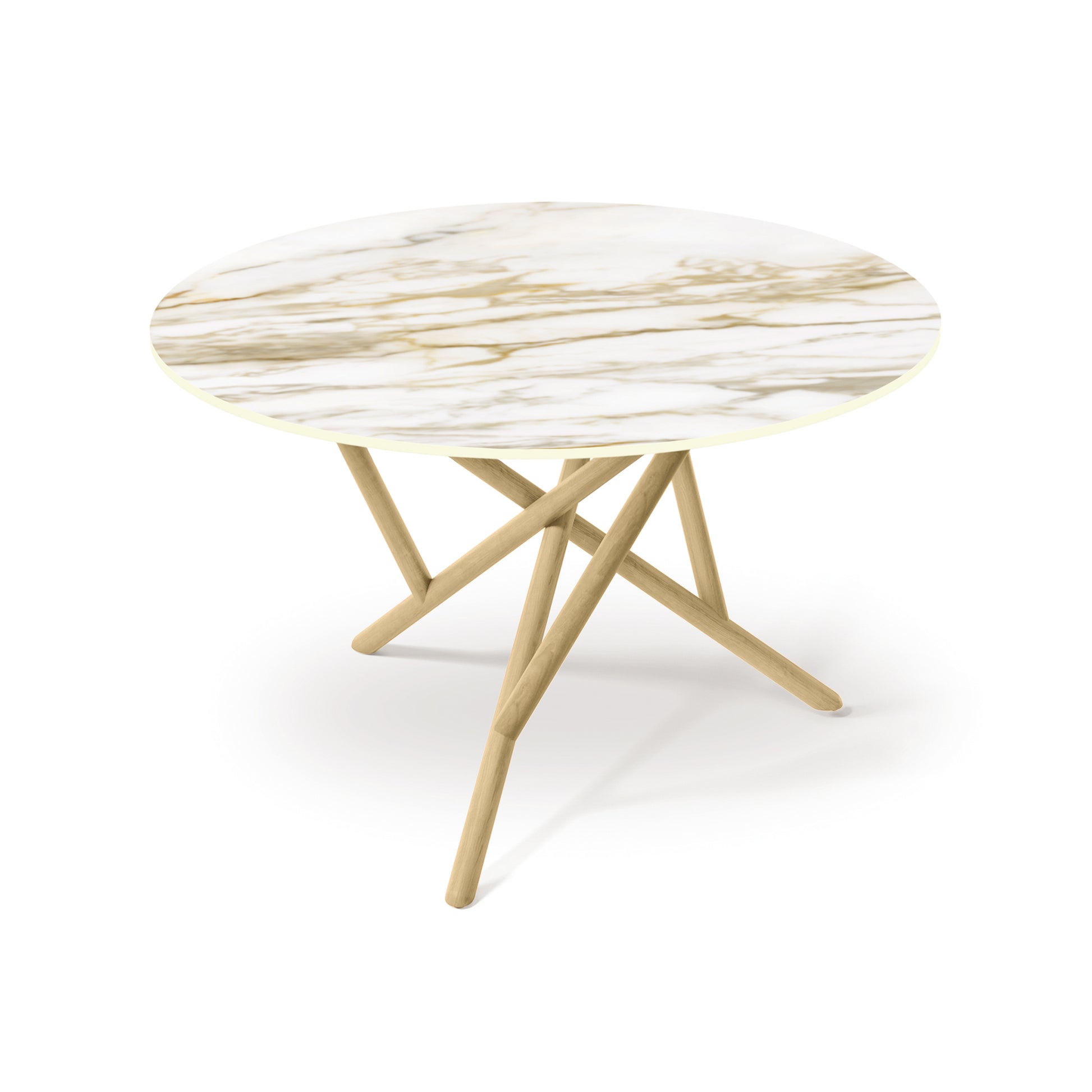 Baton Round Sintered Stone Top Table by Copeland Furniture with a white and gold top and intersecting light wood legs, handcrafted in Vermont.