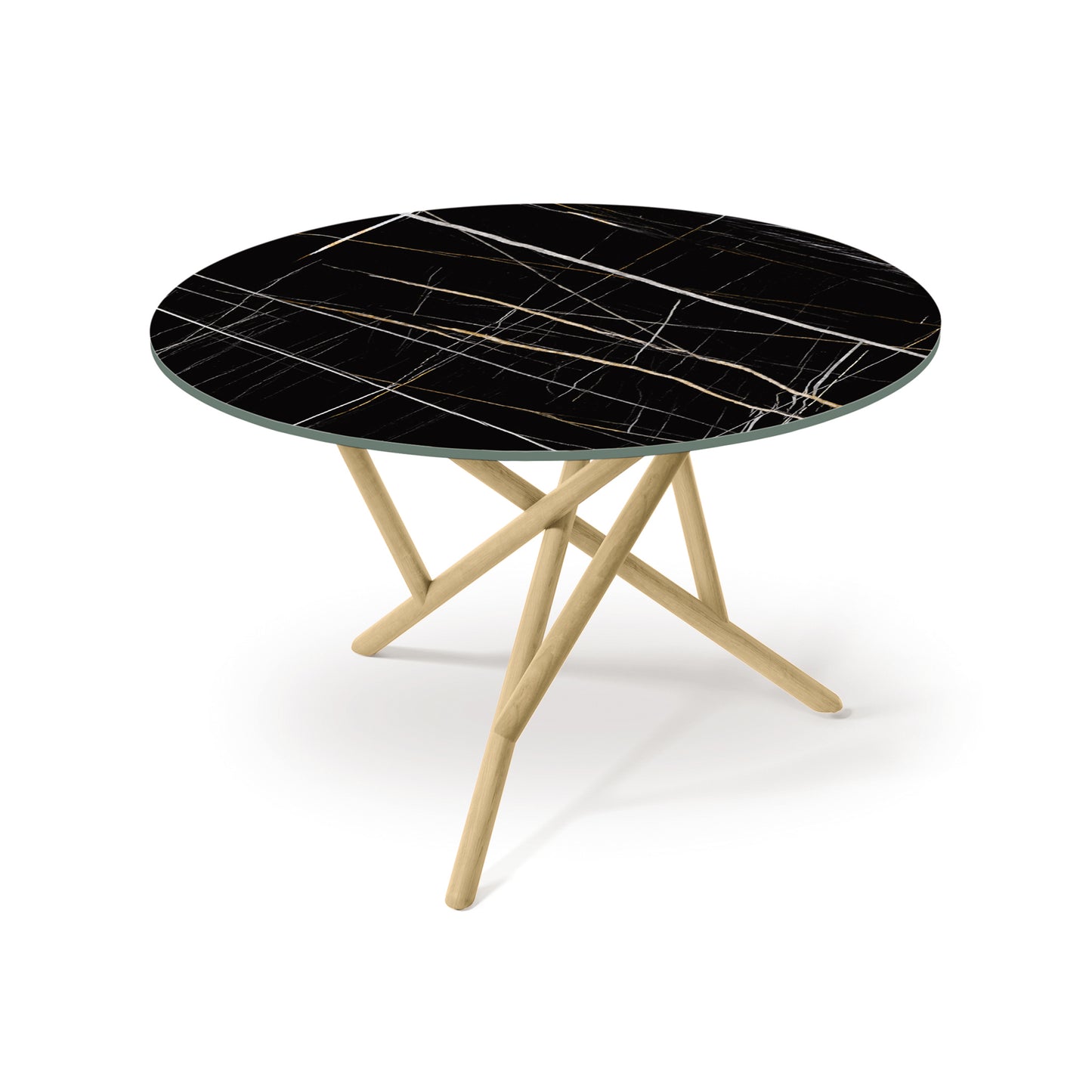 Baton Round Sintered Stone Top Table by Copeland Furniture with a black marble top and light wood crisscross legs, crafted in Vermont.