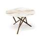Baton Round Sintered Stone Top Table by Copeland Furniture with a white and gold top and intersecting wooden legs, crafted in Vermont.