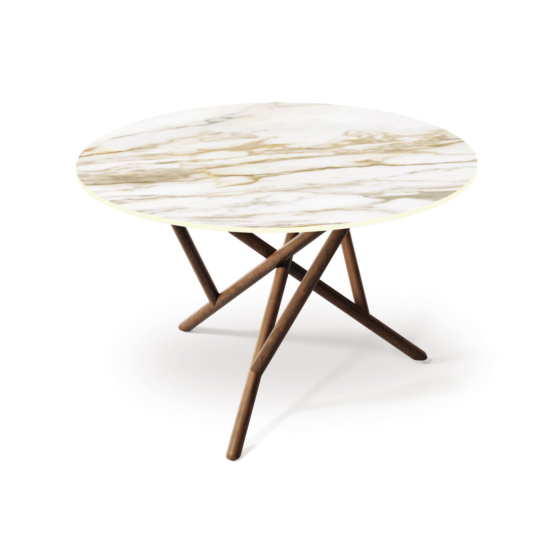 Baton Round Sintered Stone Top Table by Copeland Furniture with a white and gold top and intersecting wooden legs, crafted in Vermont.