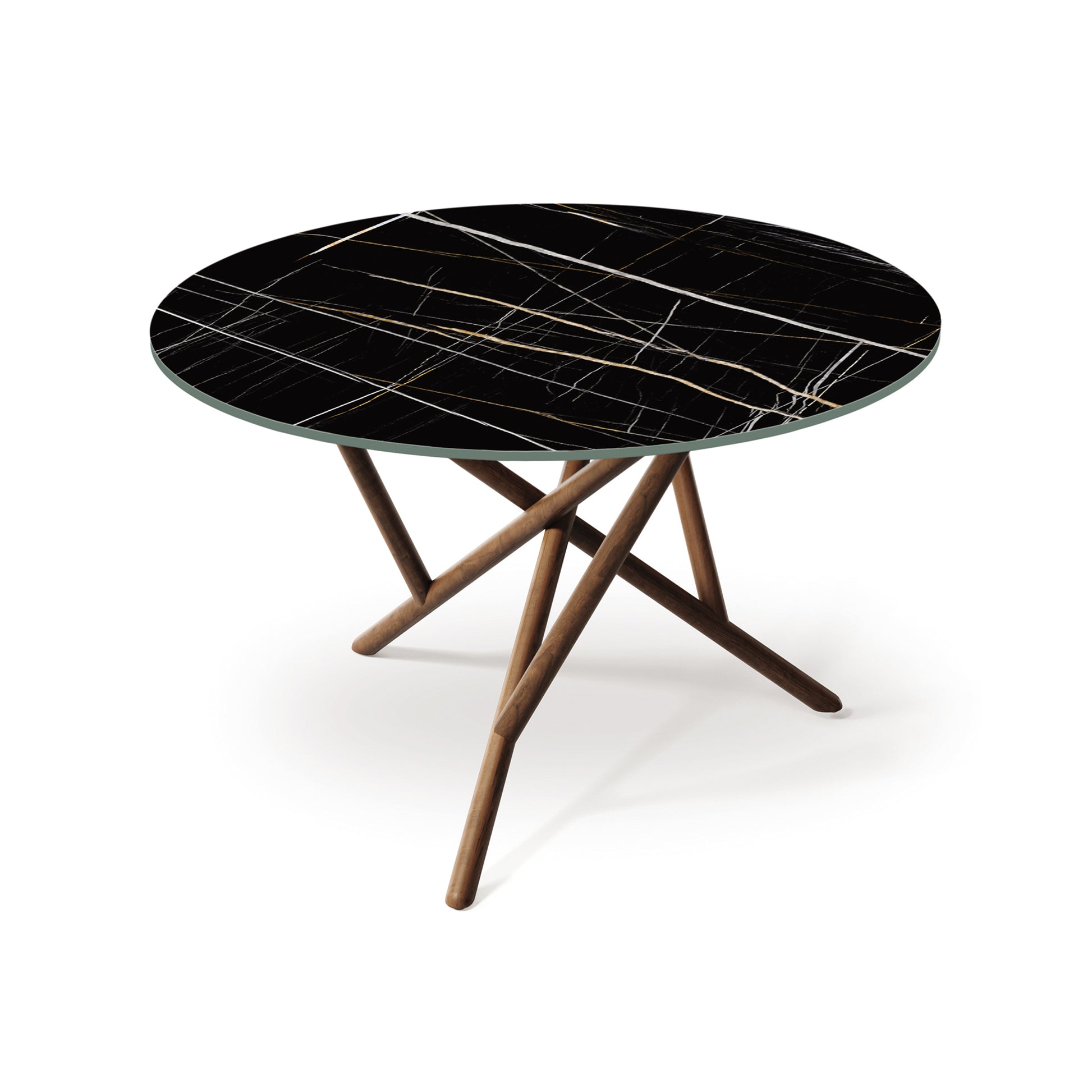 Baton Round Table by Copeland Furniture features a modern sintered stone top and intersecting wooden legs, handcrafted in America for lasting quality.
