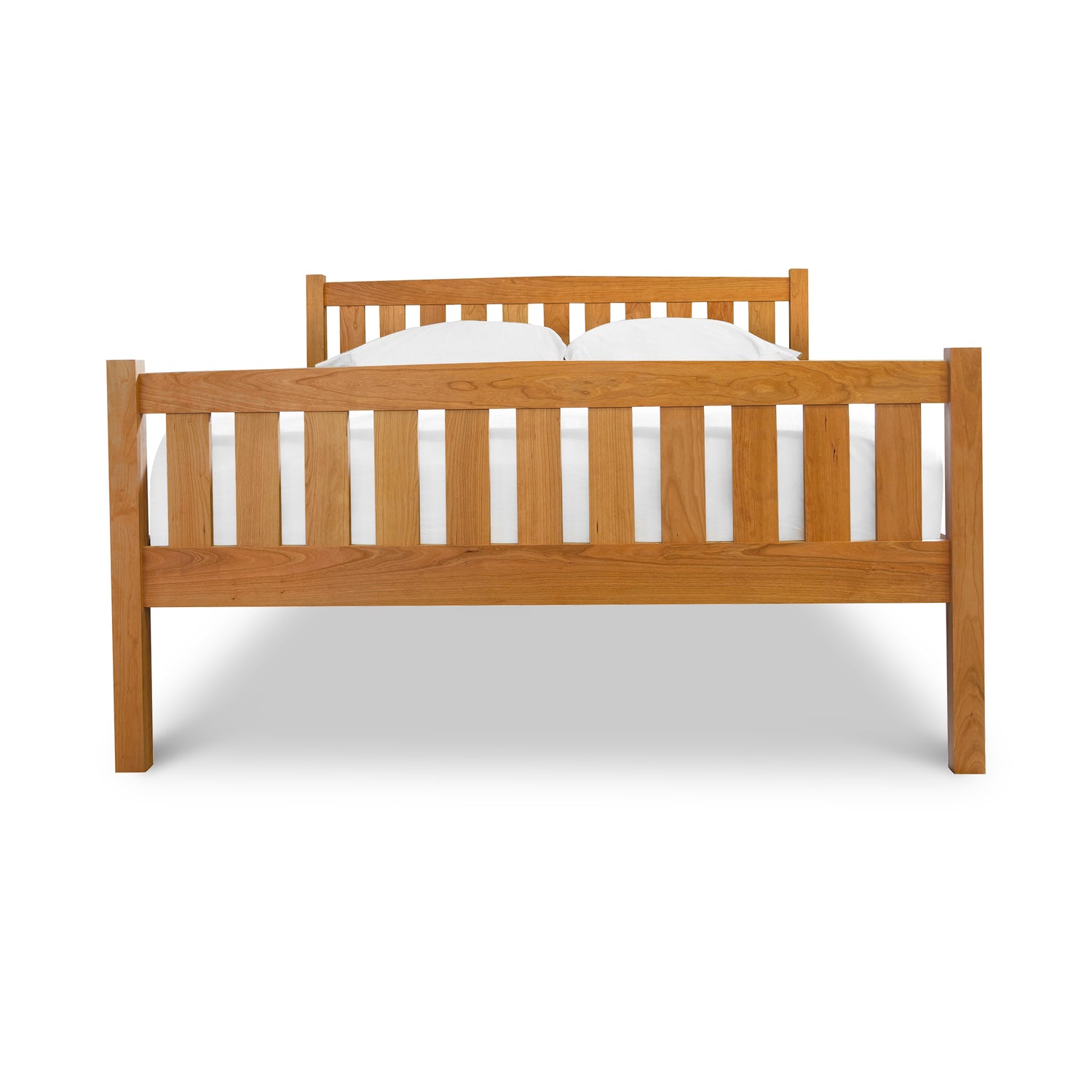 Bennington Bed with High Footboard by Vermont Furniture Designs, showcasing vertical slats and solid wood craftsmanship, viewed from the front.