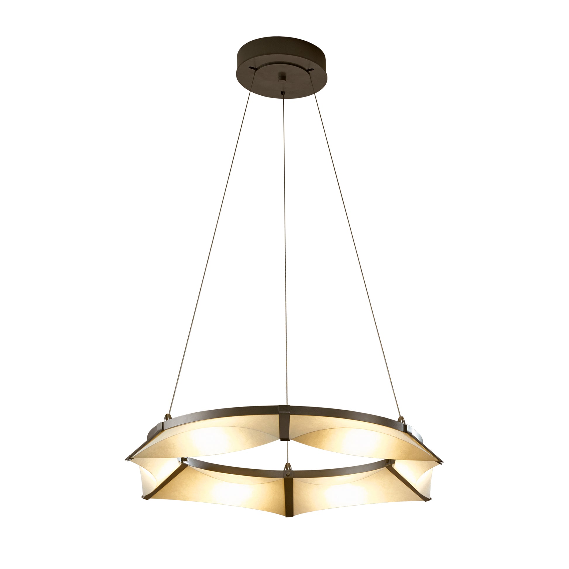 The Hubbardton Forge Bento Pendant is a stunning circular pendant light that elegantly hangs from the ceiling.