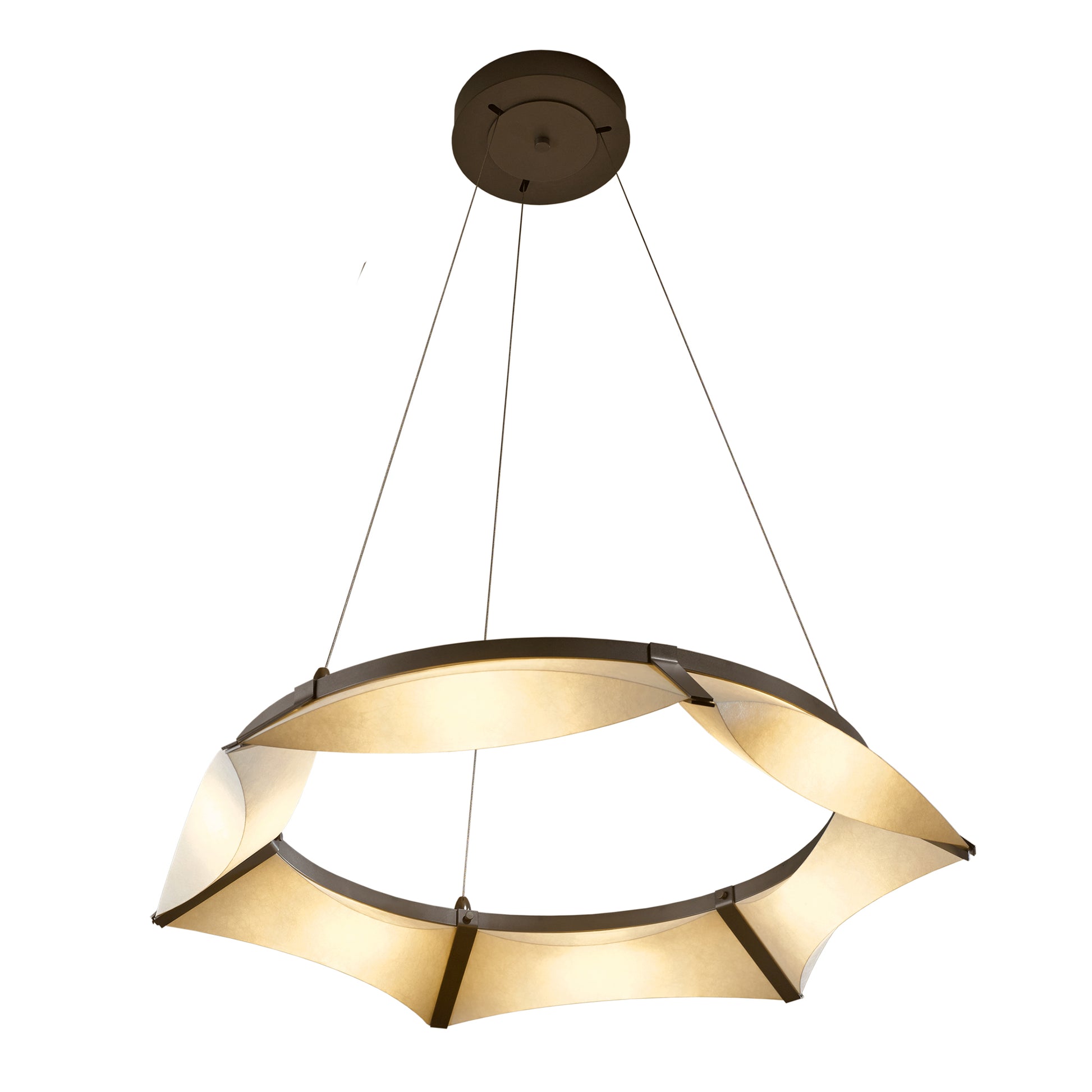 The Hubbardton Forge Bento Pendant is a circular-shaped light fixture that hangs elegantly from the ceiling, adding a touch of sophistication to any space.
