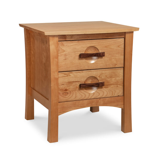 A Copeland Furniture Berkeley 2-Drawer Nightstand in the American Arts & Crafts style isolated on a white background.