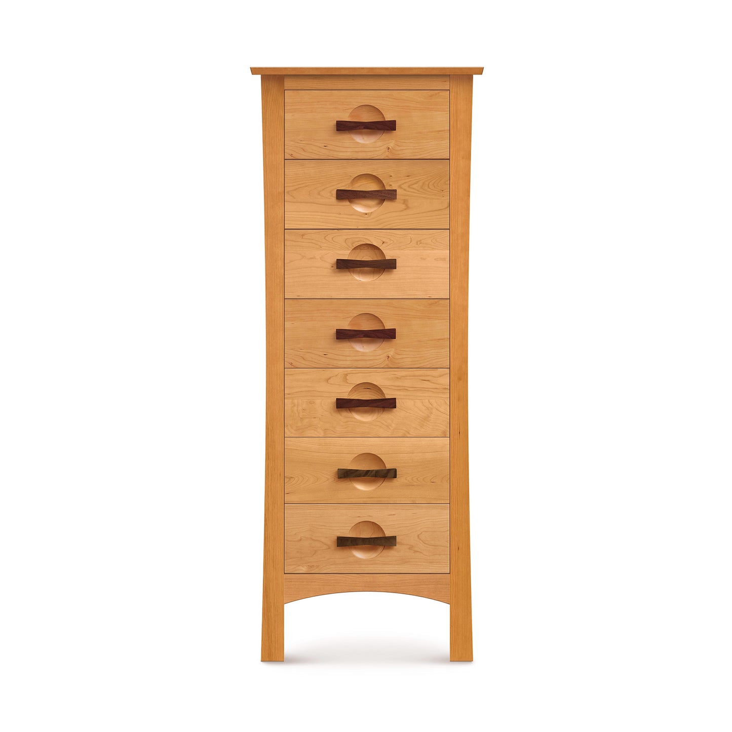 A tall, narrow wooden Copeland Furniture Berkeley 7-Drawer Lingerie Chest with seven drawers, each featuring a half-moon shaped handle, against a white background.