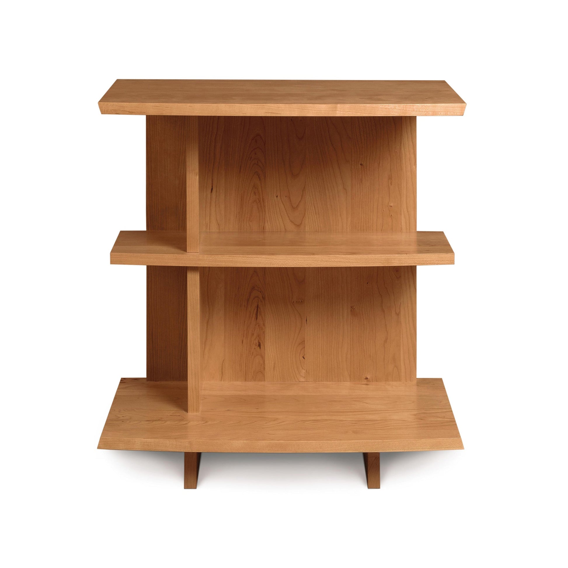 A wooden shelf with two shelves on it.