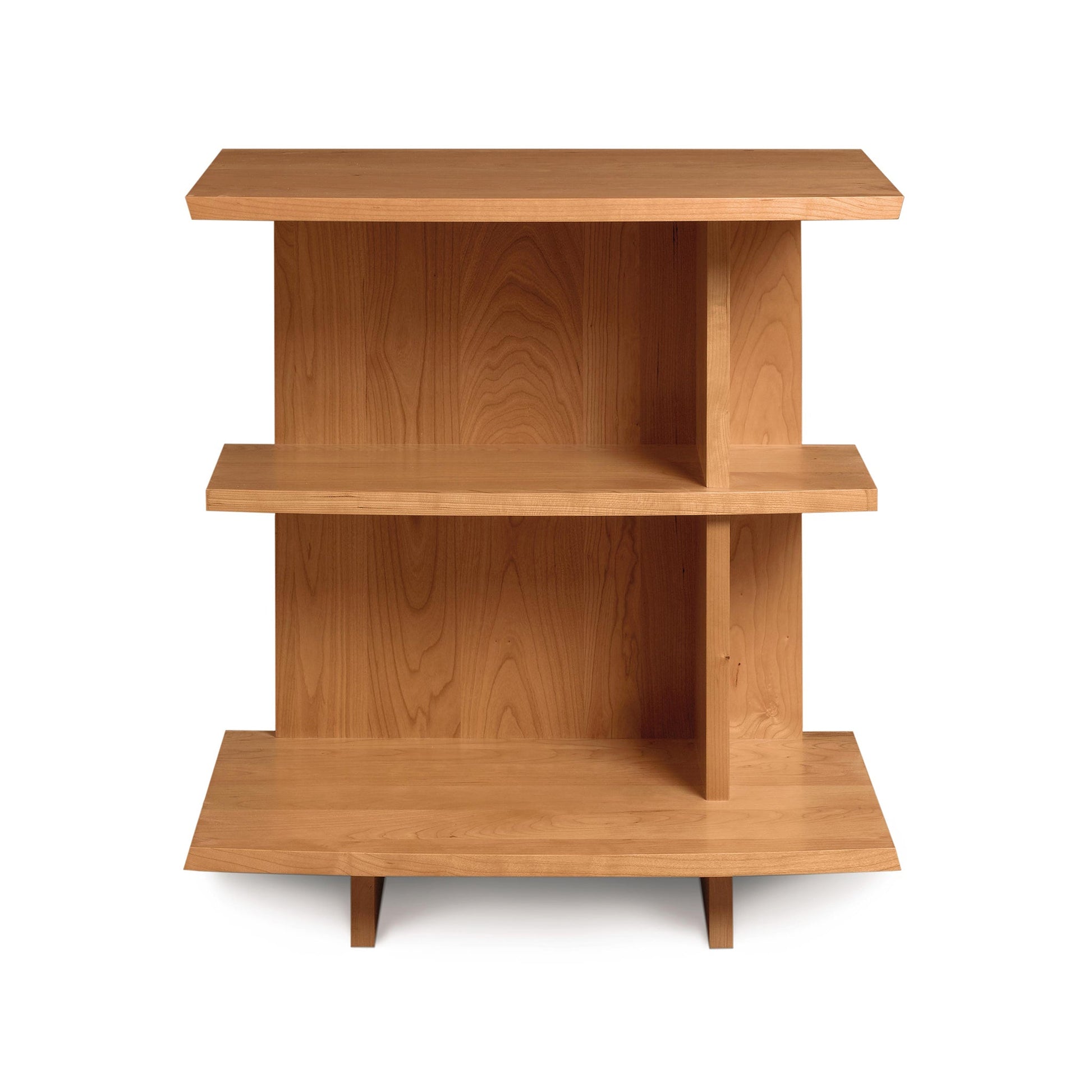 A wooden shelf on a white background.