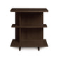 A Copeland Furniture Berkeley Open Shelf Nightstand - Left, a solid wood, dark brown, three-tiered shelf on a white background.