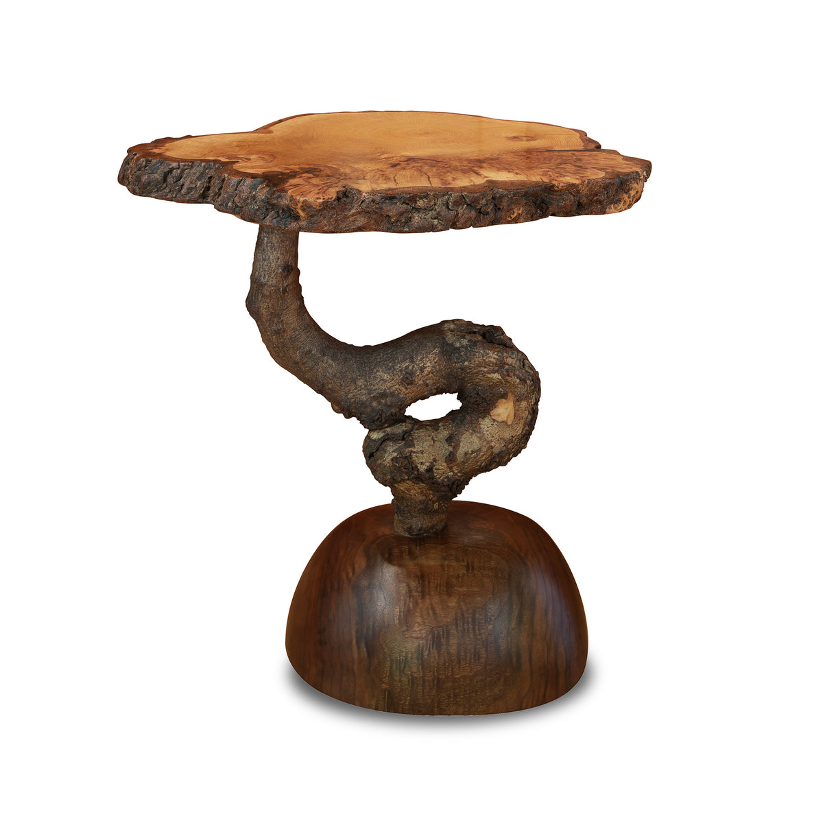 Bonbon Side Table by David Holzapfel features an oak burl top, twisted branch base, and rounded wooden bottom. Handcrafted American furniture.