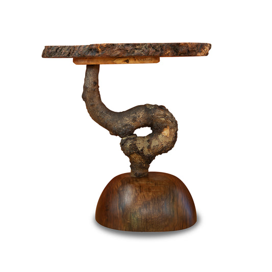Brutto ma Buono Bonbon Side Table features an oak burl top, unique twisted stem, and sturdy wooden base, showcasing artisanal Vermont craftsmanship.
