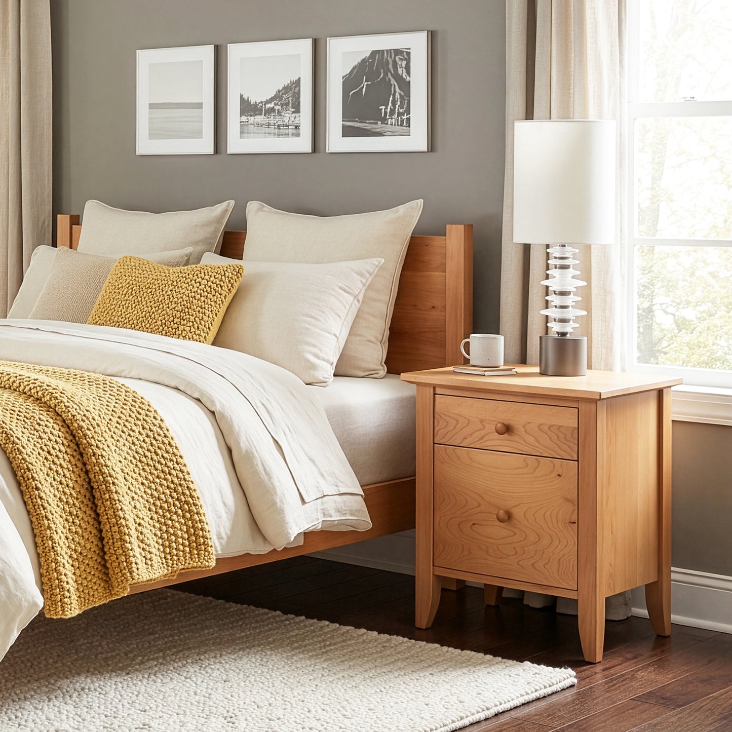 Lyndon Furniture Bow Front 1-Drawer Nightstand with Door beside a neatly made bed, showcasing expert craftsmanship and timeless American design.