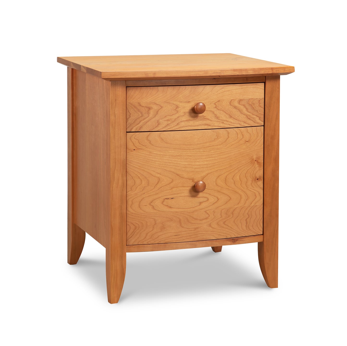 This Bow Front 1-Drawer Nightstand with Door from Lyndon Furniture features a bow front design and two spacious drawers.