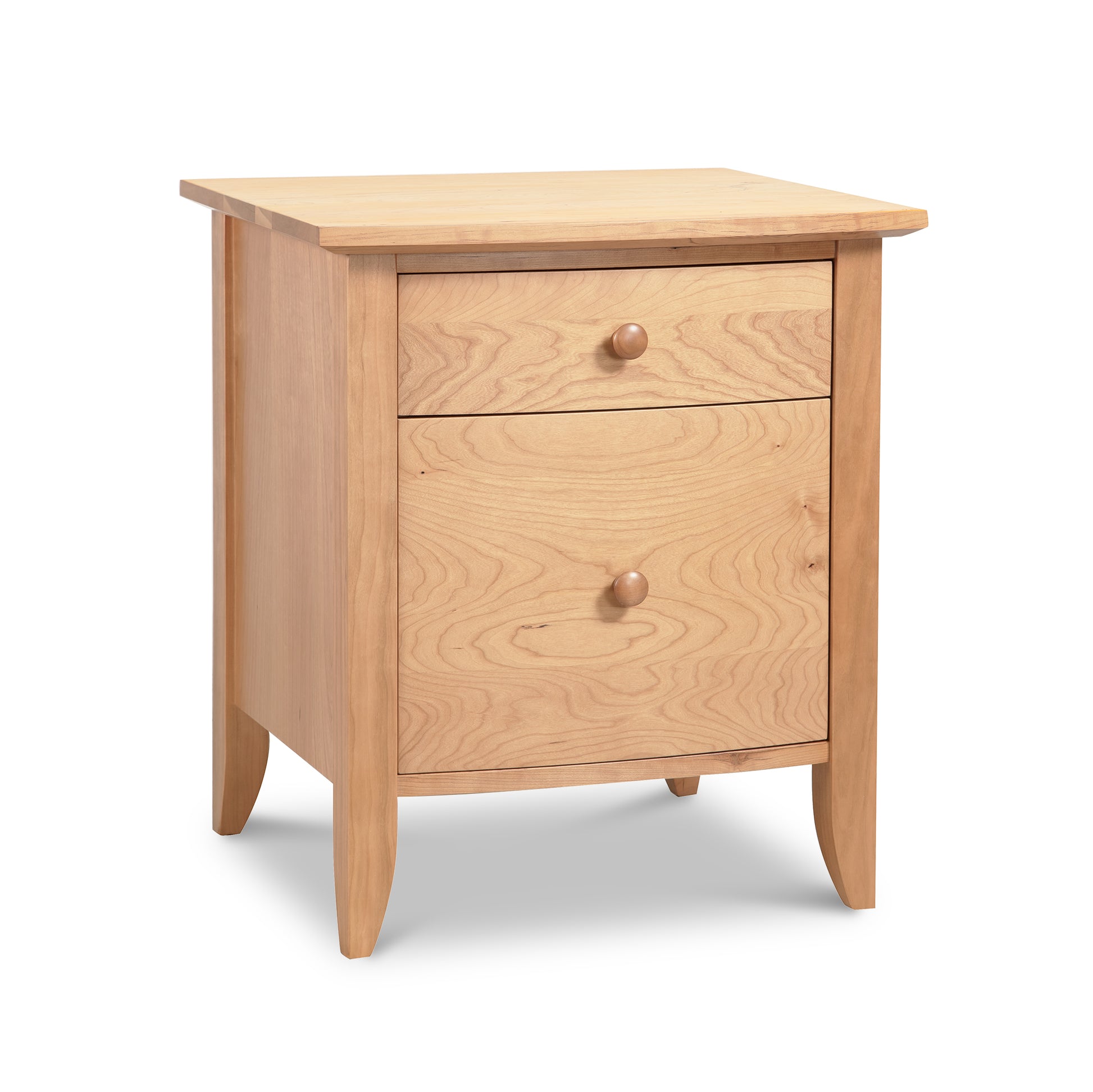 This Bow Front 1-Drawer Nightstand with Door from Lyndon Furniture features a classic design with two spacious drawers. Crafted from solid wood, it adds rustic charm to any bedroom setting.