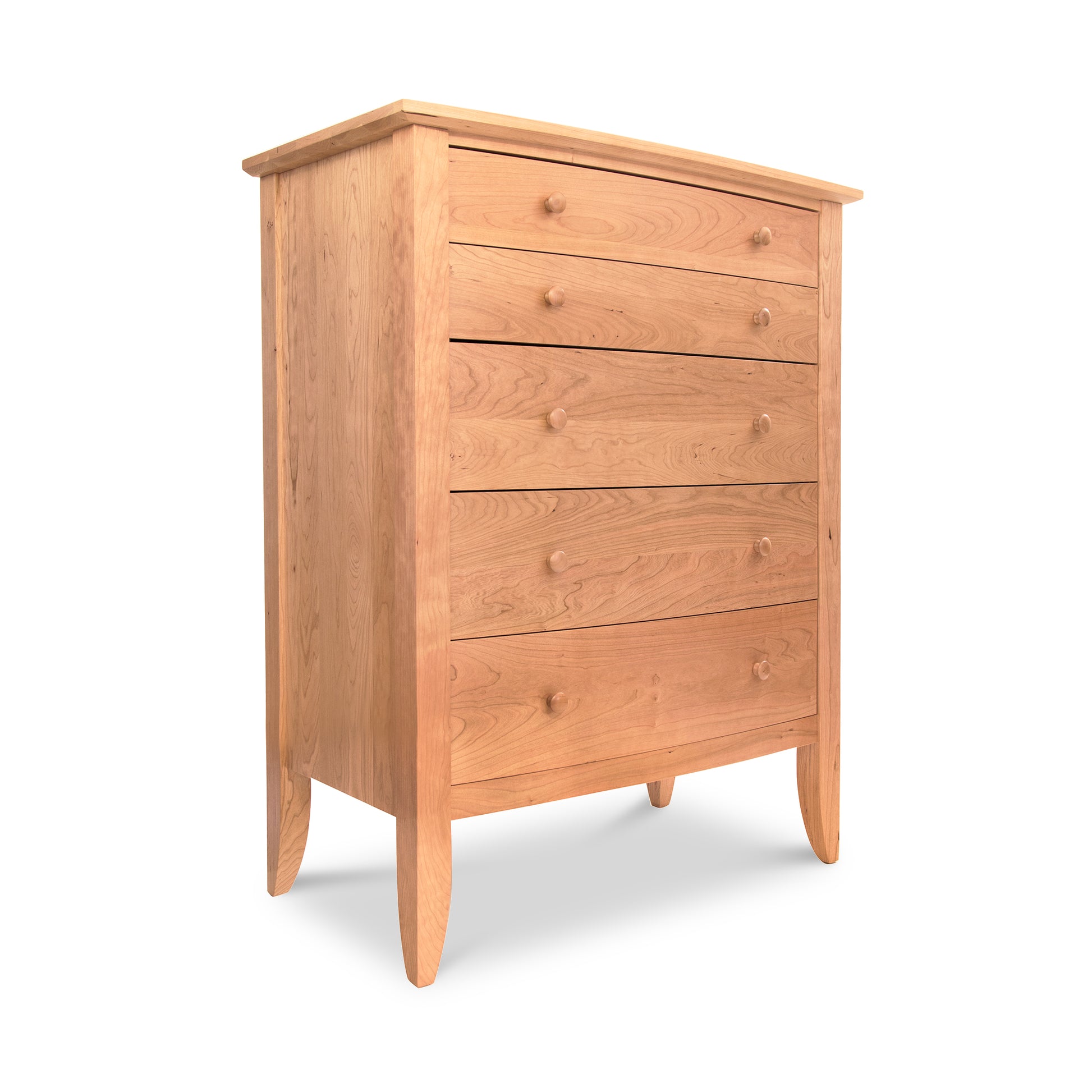 A handmade Lyndon Furniture Bow Front 5-Drawer Chest made of hardwoods, placed on a white background.