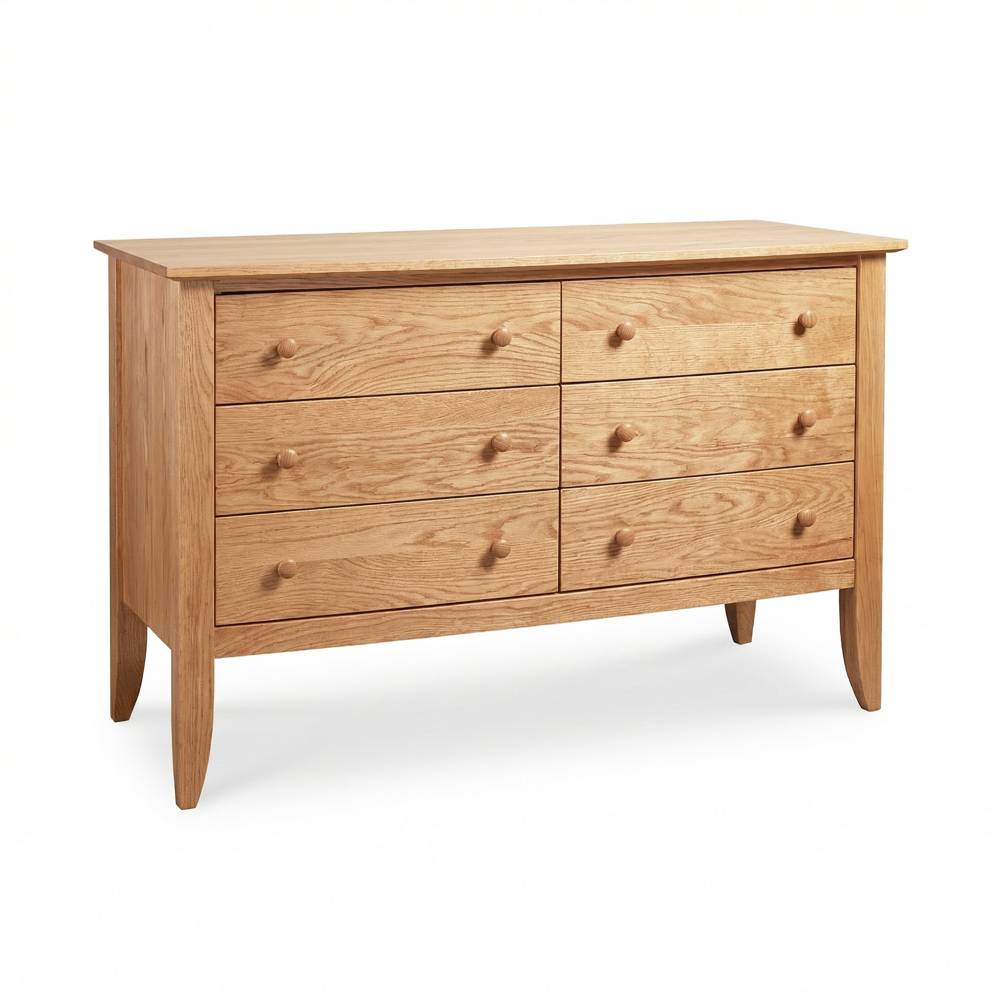 Bow Front 6-Drawer Dresser by Lyndon Furniture with round wooden knobs and tapered legs, crafted in the USA from solid wood.