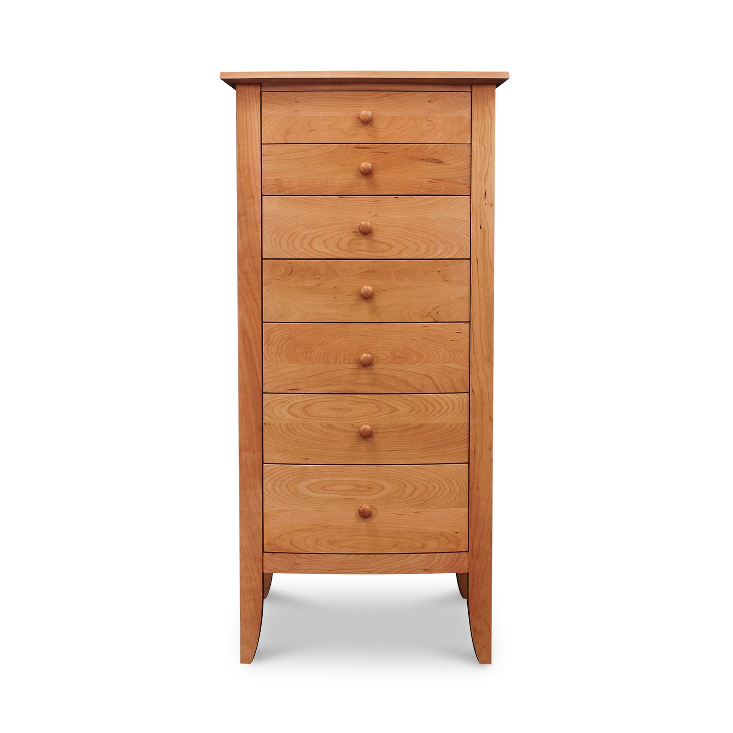 A Lyndon Furniture Bow Front 7-Drawer Lingerie Chest with a 7-drawer configuration on a white background.