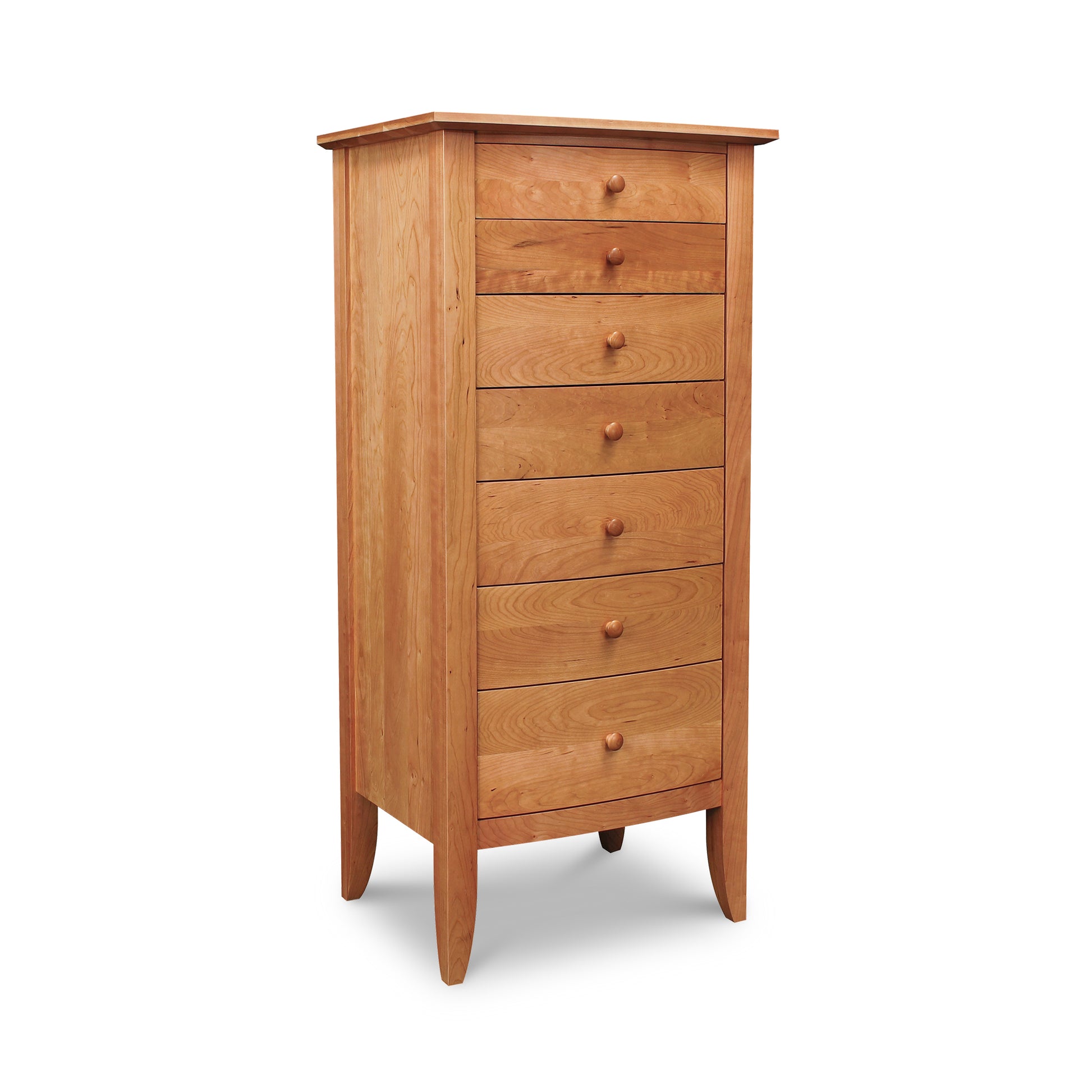 A space-saving, Lyndon Furniture Bow Front 7-Drawer Lingerie Chest with a 7-drawer configuration.