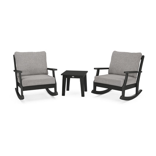 Two modern POLYWOOD Braxton 3-Piece Deep Seating Rocker Set chairs with gray cushions and a small black side table, arranged on a plain white background.