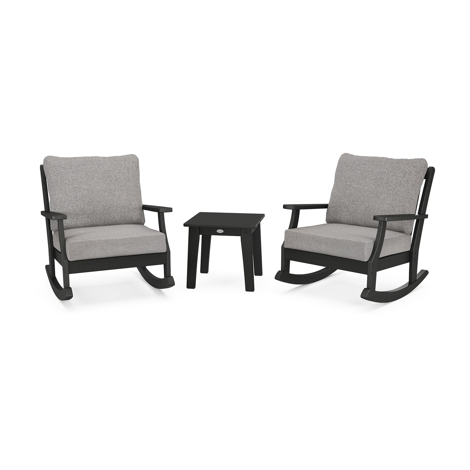POLYWOOD Braxton gray rockers with black frames and a matching small black table.