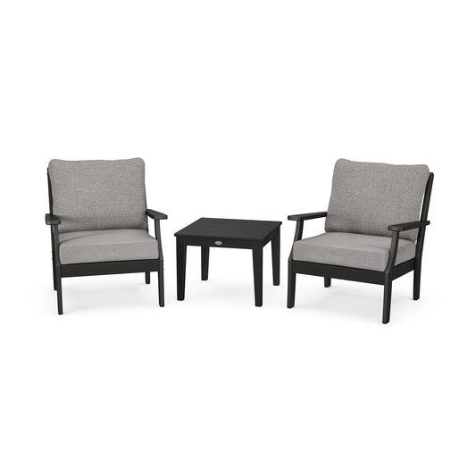 Two modern POLYWOOD Braxton 3-Piece Deep Seating Sets with gray cushions and a small matching black table set on a white background.