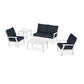 A modern POLYWOOD Braxton 5-Piece Deep Seating Set on a white background, featuring two blue-cushioned armchairs, a matching sofa, and a white rectangular coffee table.