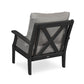 A modern black POLYWOOD® Braxton Deep Seating Chair with a gray cushion and a crisscross design on the sides, isolated on a white background.