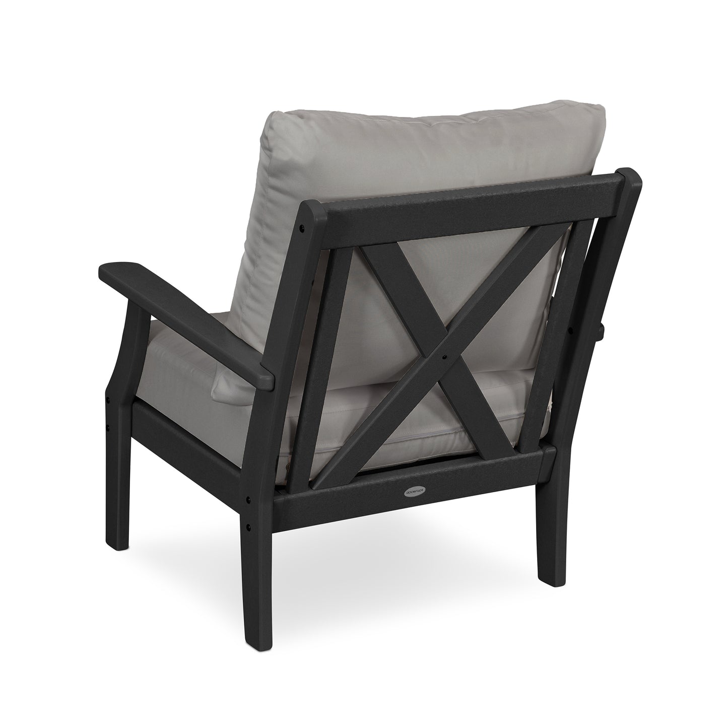 A modern black POLYWOOD® Braxton Deep Seating Chair with a gray cushion and a crisscross design on the sides, isolated on a white background.