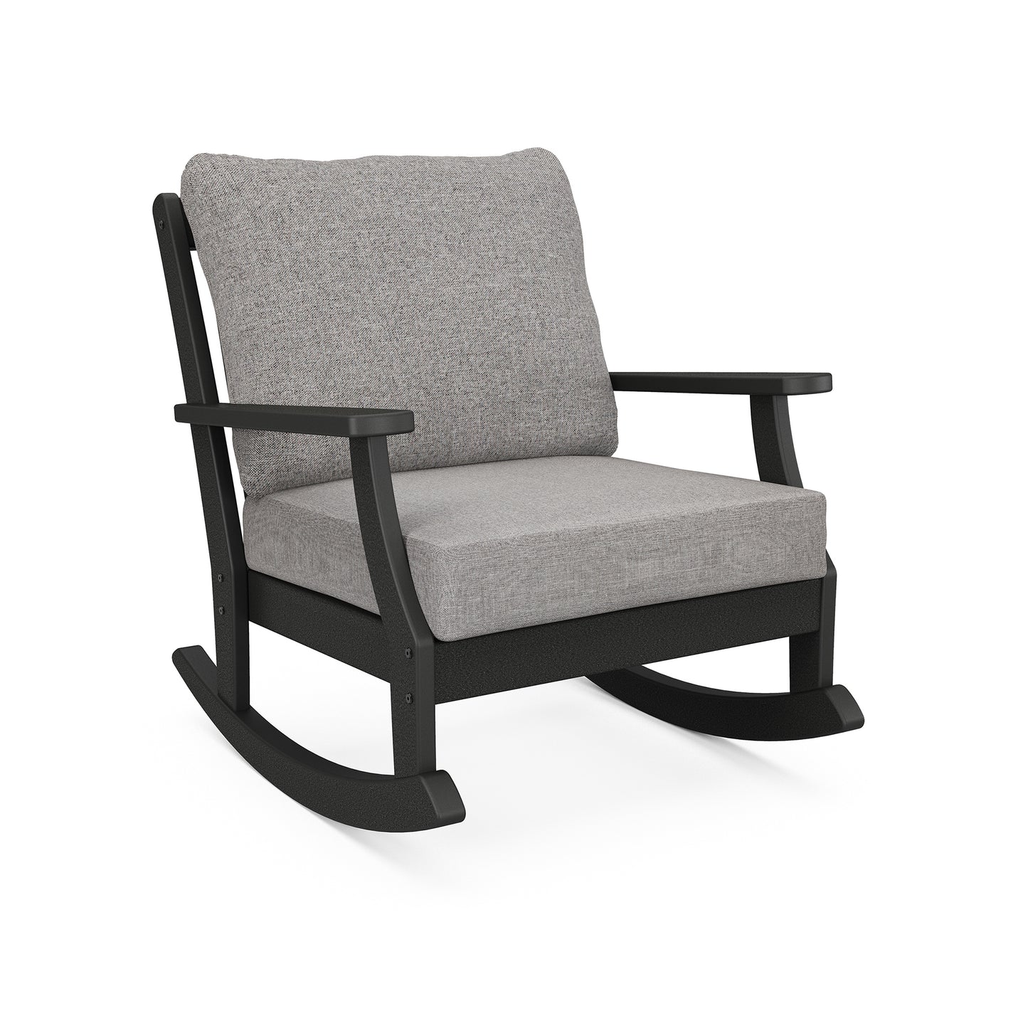 An image of a modern POLYWOOD® Braxton Deep Seating Rocking Chair with a sleek black frame and light gray cushions on a plain white background.