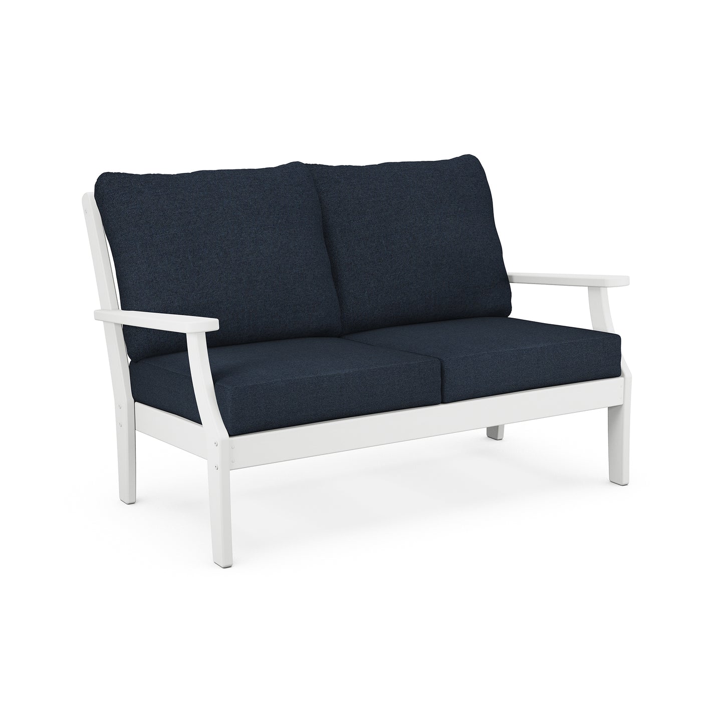 A modern two-seater POLYWOOD Braxton Deep Seating Settee with a white frame and deep blue cushions, isolated on a white background. Made from recycled plastic lumber, the design is simple and sleek, suitable for contemporary interior decor.
