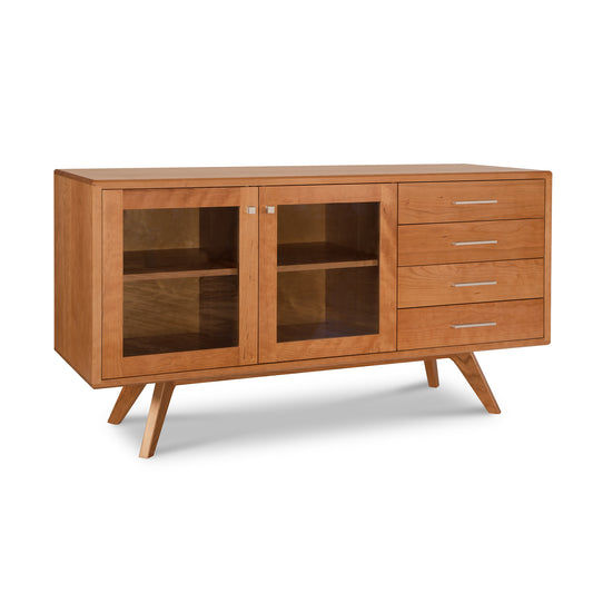 A Brighton Buffet from Lyndon Furniture, a mid-century modern wooden sideboard, featuring glass doors for display purposes and functional drawers for storage space.