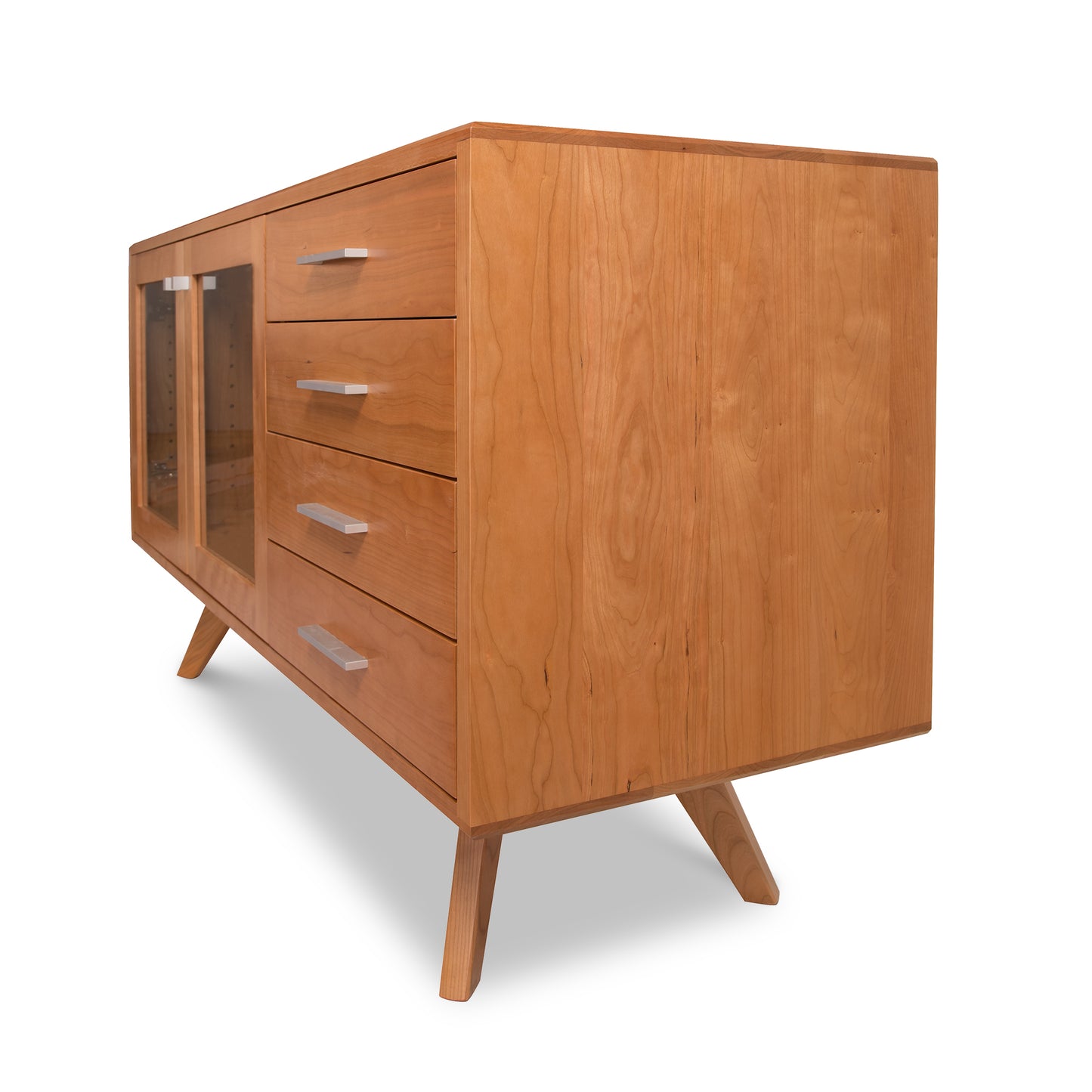 The Lyndon Furniture Brighton Buffet is a mid-century modern wooden sideboard featuring glass doors and elegant legs. With its ample storage space, this stunning piece provides both functionality and style to elevate any living area.