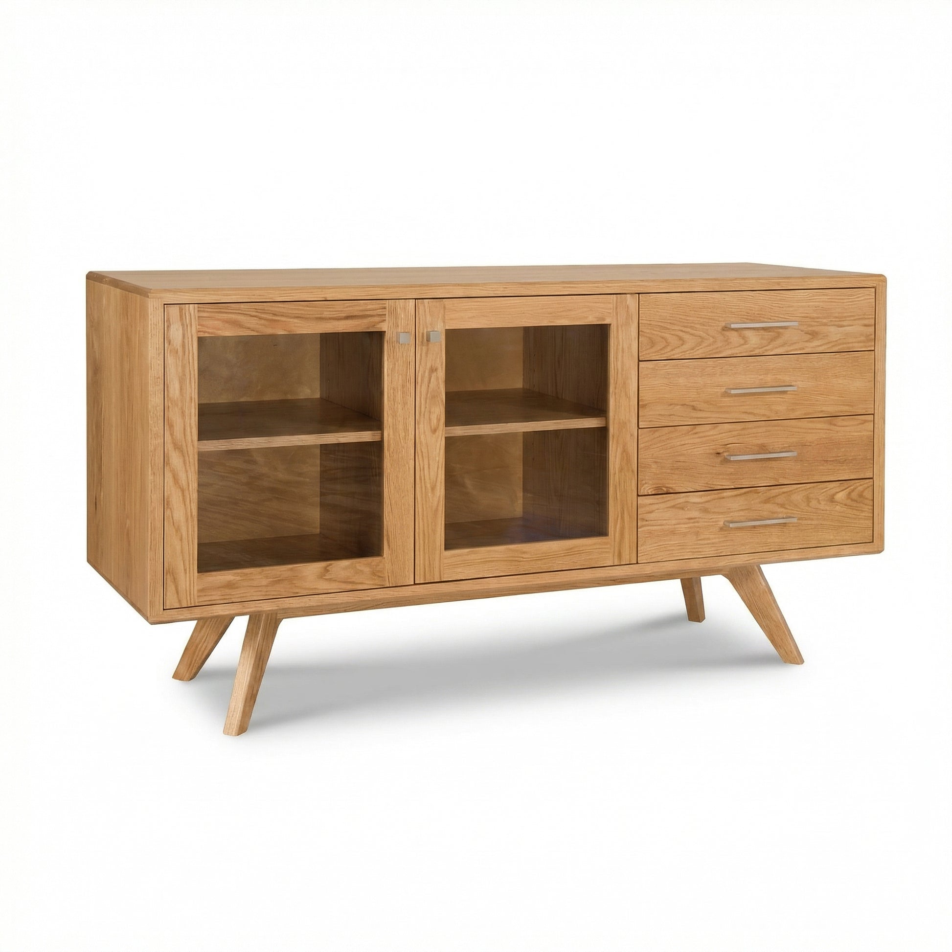 Lyndon Furniture Brighton Buffet crafted in solid wood with two glass doors, four drawers, and angled legs, showcasing mid-century American-made design.