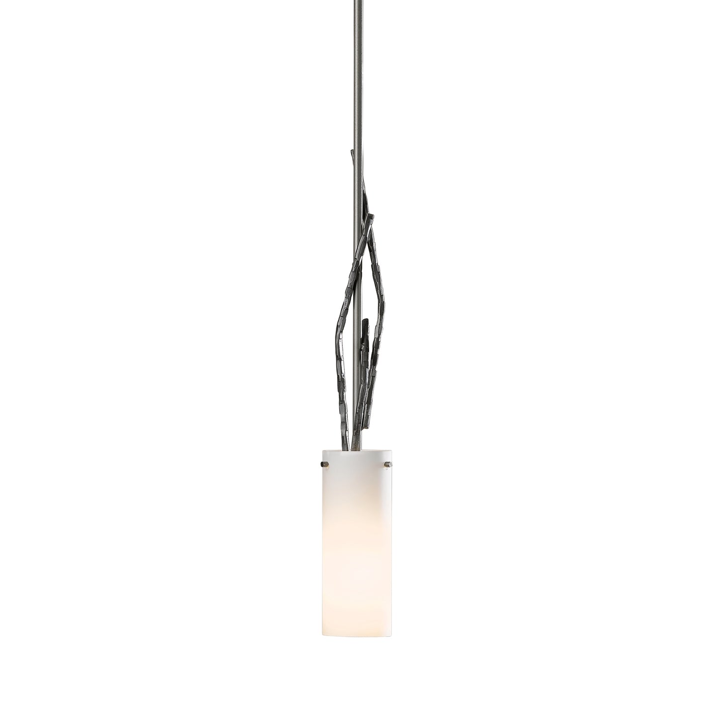 A Brindille Mini Pendant with a white glass shade from Hubbardton Forge lighting.