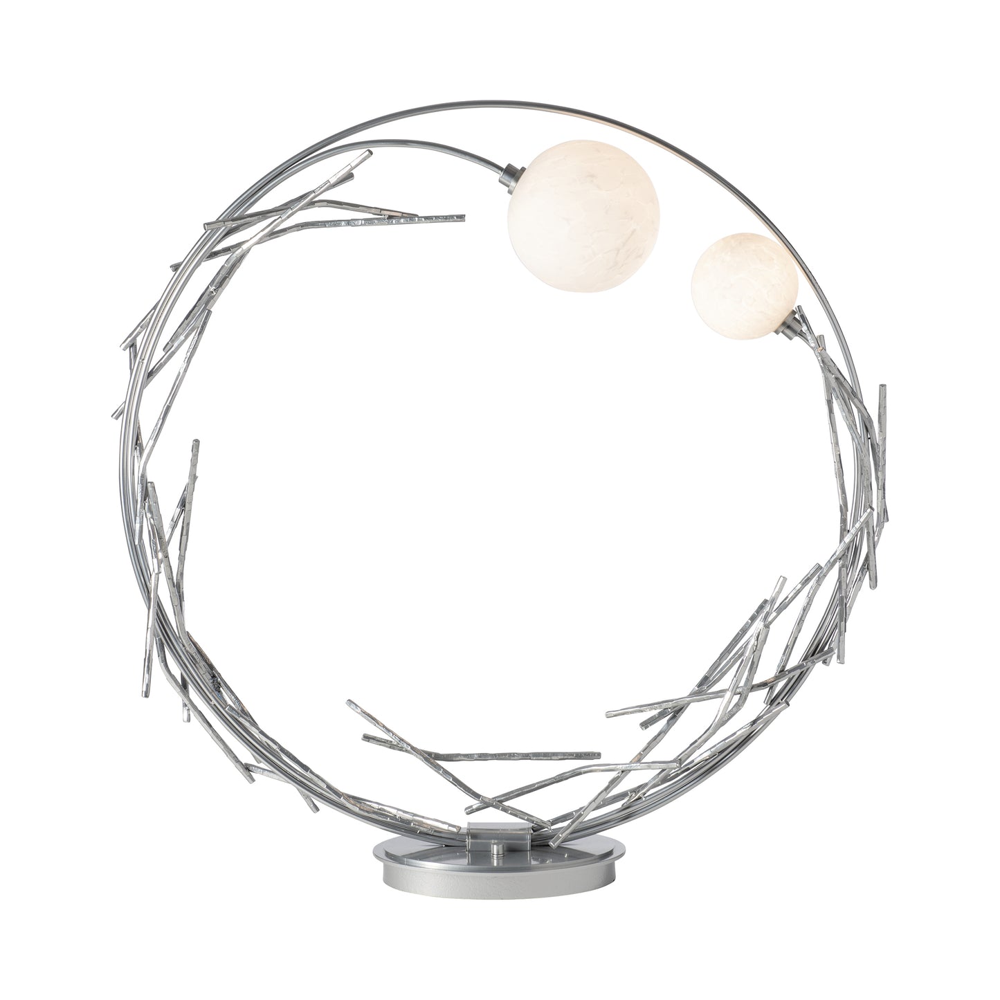 Brindille Ring Lamp by Hubbardton Forge showcases elegant metal branches and two white globes on a sleek silver frame, perfect for modern interiors.