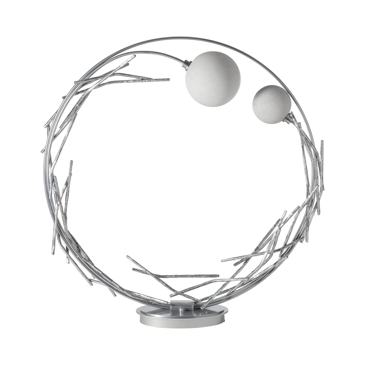 Brindille Ring Lamp by Hubbardton Forge showcases a sleek circular design with silver rods and white spheres, perfect for modern American made interiors.