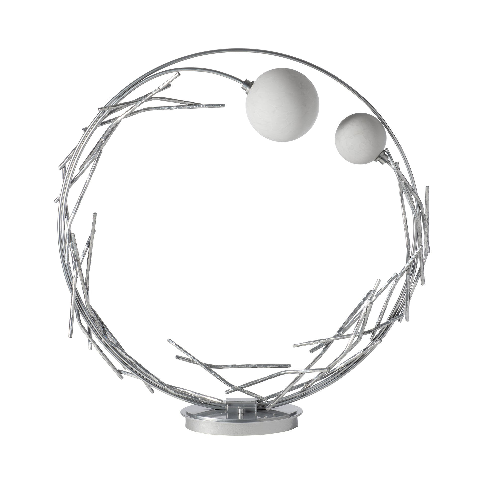 Brindille Ring Lamp by Hubbardton Forge showcases a sleek circular design with silver rods and white spheres, perfect for modern American made interiors.